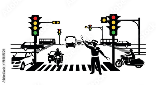 Traffic policeman directing vehicles and pedestrians at a busy intersection with multiple traffic signals traffic control pedestrian crossing traffic lights vector art