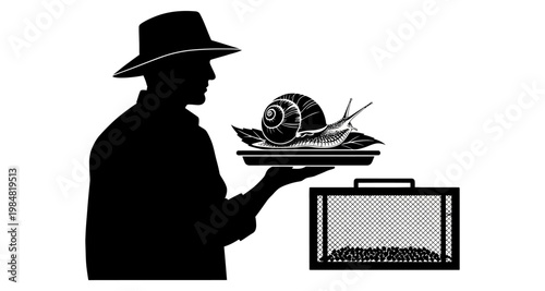 Silhouette of farmer presenting snail on a tray with travel case for gourmet food business concept
