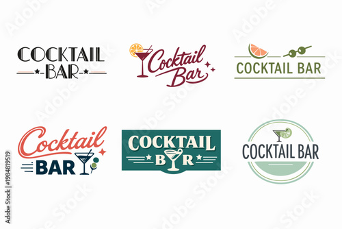 Cocktail bar logos collection offering design variations for drinks establishments, lounge branding, and retro style signs