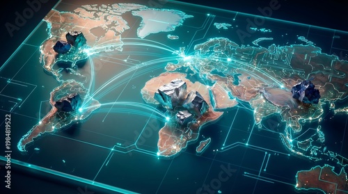Global Mining Supply Chain Concept Featuring Digital World Map and Raw Mineral Ores for International Trade and Resource Management Visualization