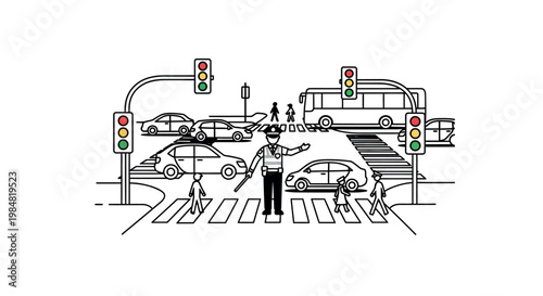 Traffic officer managing a busy pedestrian crossing with cars and a bus near traffic lights traffic flow line art traffic management road user zebra crossing transportation