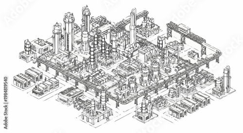 Detailed isometric illustration of a large industrial complex with multiple structures and pipelines.