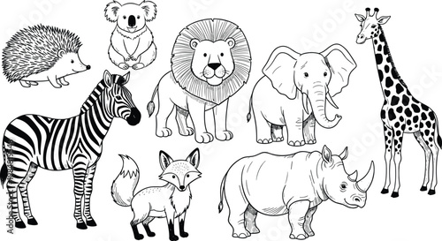 Black and white vector set of hand drawn wild animals including lion elephant zebra giraffe rhino fox koala and hedgehog.