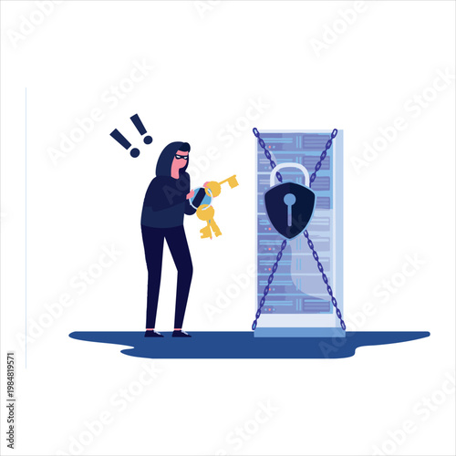 Hacker with keys attempts to unlock secured server room protected by chains and padlock.
