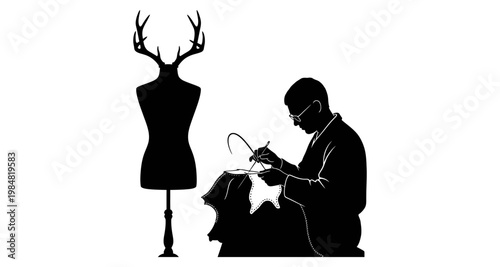 Tailor sewing garment on mannequin with antler detail against white background silhouette