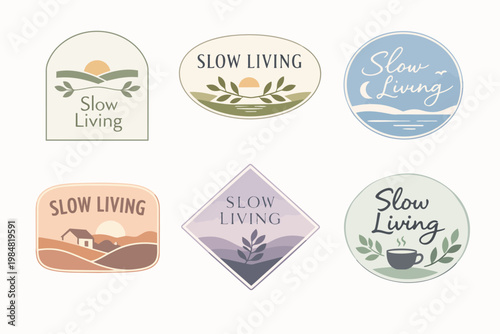 Slow living badges set showing tranquil landscapes, nature elements, houses, and hot beverage promoting mindful lifestyle