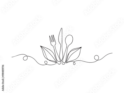 Fork, knife, and spoon with leaf in continuous one line drawing. Minimalist vector illustration of healthy eating, vegan or organic food concept. Isolated on white background.