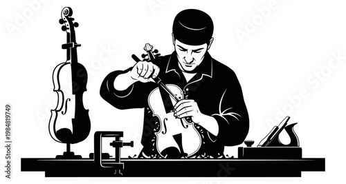Violin maker at work shaping instrument with precision tools during crafting silhouette