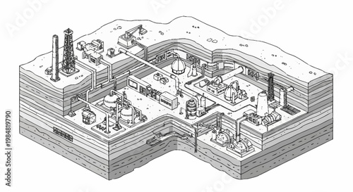 Cross-section illustration of an oil and gas extraction and processing facility, showing underground infrastructure and surface equipment.