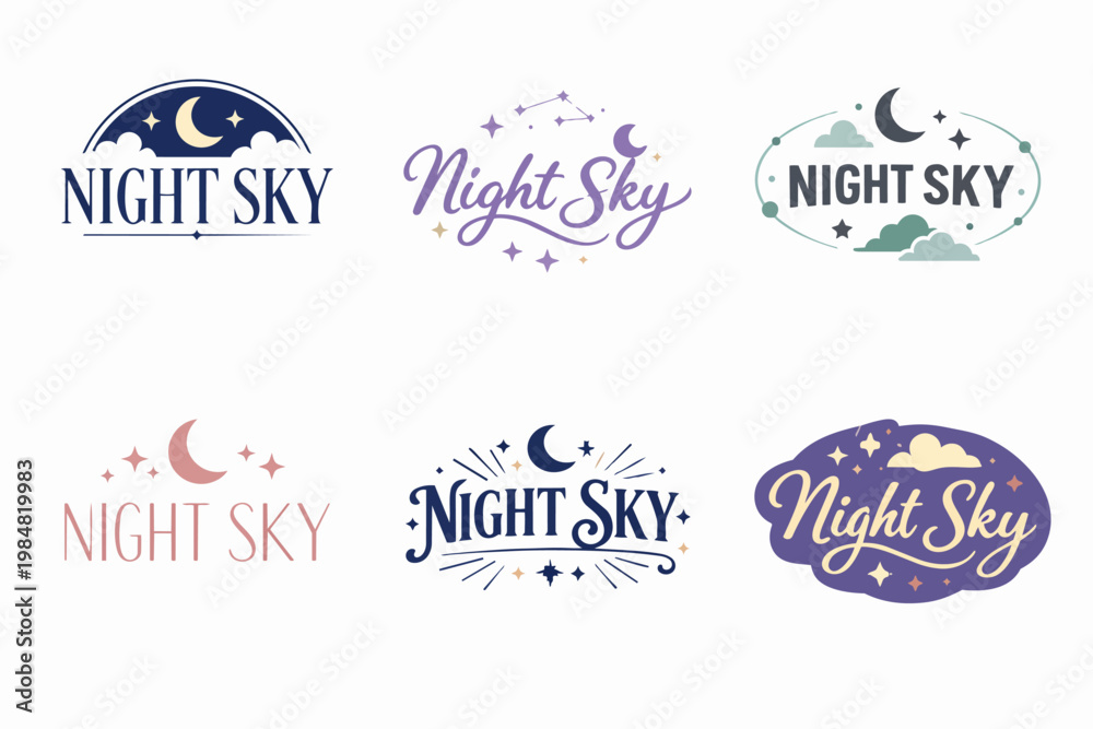 Fototapeta premium Six different logo designs with typography for 'night sky', showing various arrangements of celestial elements and dreamy aesthetics