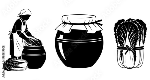 Woman preparing fermented cabbage in pot with whole cabbages silhouette