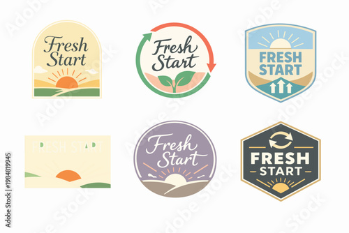 Fresh start logo badges collection with sunrises, arrows, and sprouts symbolizing new beginnings and growth