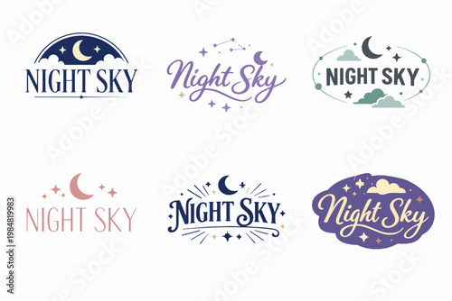 Six different logo designs with typography for 'night sky', showing various arrangements of celestial elements and dreamy aesthetics