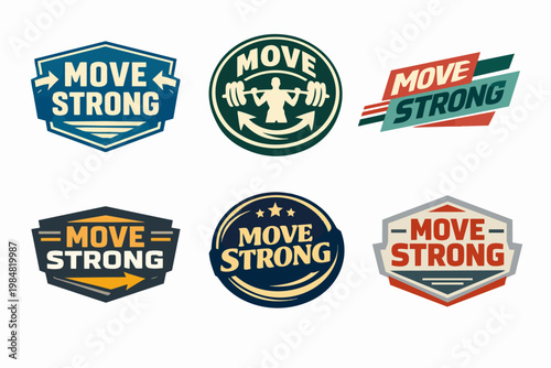 Collection of vintage move strong fitness logos for gym, weightlifting, and sports motivation, bold retro badges
