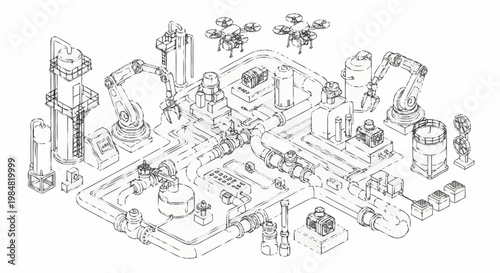 Conceptual illustration of an automated factory with robotic arms, drones, and conveyor belts, representing modern industrial processes and technology.