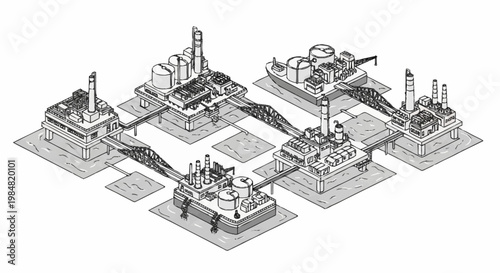 Isometric illustration of an industrial complex with interconnected offshore platforms and processing facilities.