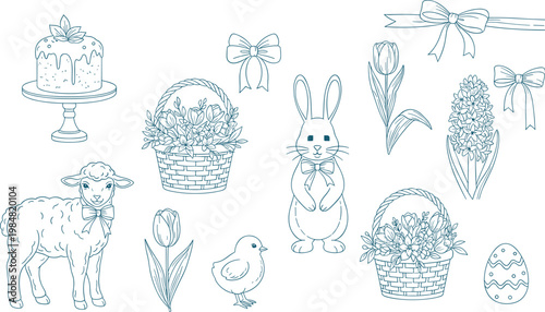 Blue line art vector set of Easter holiday icons featuring bunny lamb chick egg flower baskets cake and spring tulips.