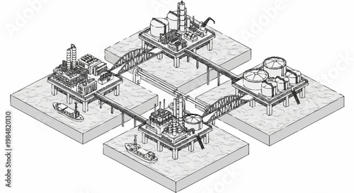 Illustration of interconnected industrial platforms representing a complex network of offshore operations.