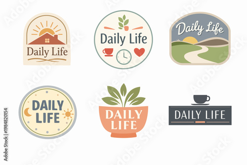 Collection of daily life concept logos presenting home, nature, coffee, time, and routine elements