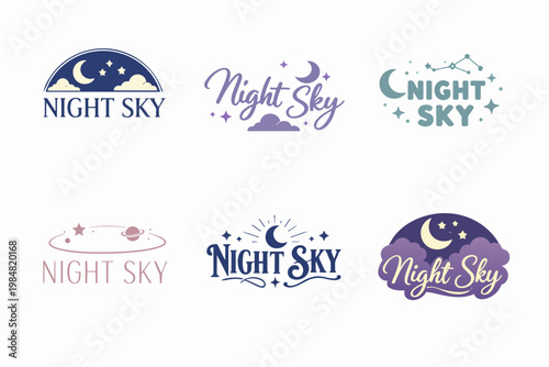 Night sky logo set with moon, stars, and clouds, creating celestial branding for astronomy and nocturnal themes
