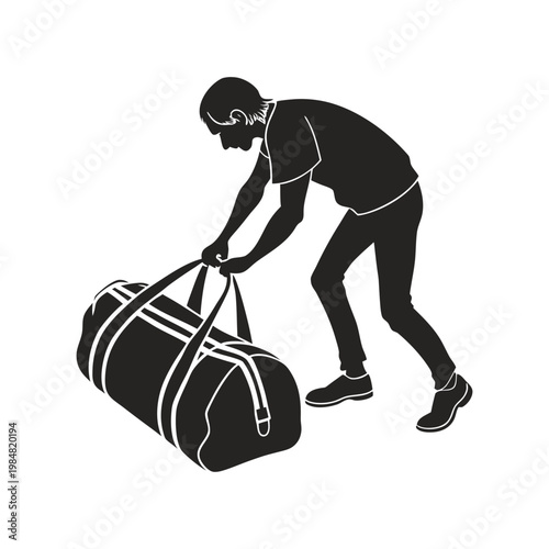 Man lifting a heavy black duffel bag isolated on white background depicting travel effort and weight concept