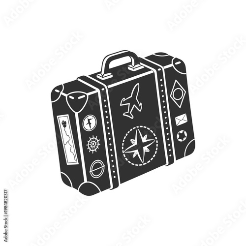 Decorative black and white illustration of a travel suitcase filled with various travel-themed icons and symbols