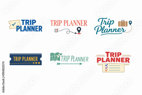 Trip planner logo collection presenting travel itinerary organization, vacation management, and journey planning concepts
