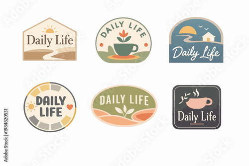 Daily life branding elements showing badges with sun, home, coffee cups, and nature for cozy lifestyle themes