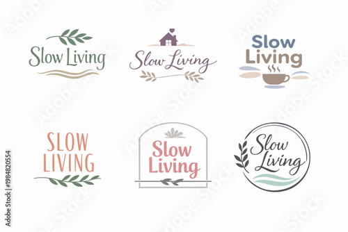 Collection of slow living concept logos and branding designs with nature, home, and coffee elements in minimalist style
