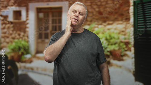 Obraz na plátně Man touching cheek in front of a stone building, wearing a gray tshirt and inspecting his face; contemplation memory reflection
