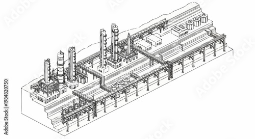 Detailed isometric illustration of an industrial oil refinery complex with pipelines and storage tanks.