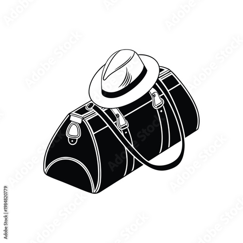 Black duffel bag with white hat placed on top isolated on a clean white background for travel concept