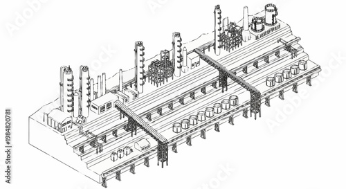 Detailed isometric line drawing of a complex industrial refinery complex with multiple towers and structures.
