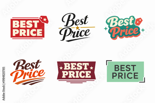 Collection of best price labels and badges, set of promotional graphic elements showcasing discount offers and quality value