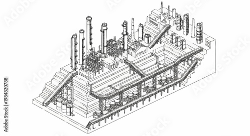 Isometric illustration of a complex industrial factory with multiple levels and pipelines.