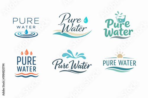 Pure water branding logos template. Set of diverse designs for beverage, hydration, healthy lifestyle, and packaging concepts