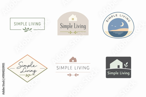 Collection of simple living logos and branding designs with nature and home elements showcasing a minimalist aesthetic