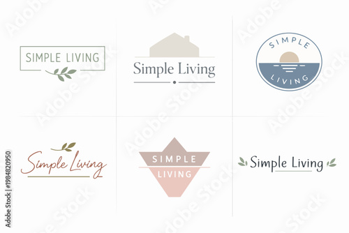 Minimalist logo designs for simple living, showing natural elements like leaves, a house, and a serene sun over water