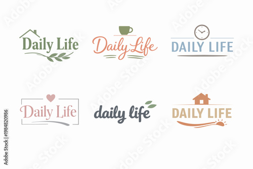 Daily life logo concepts for routine, lifestyle, and domestic well-being, featuring icons of house, coffee, clock, and sun