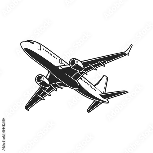 Black and white illustration of a commercial airplane flying in the sky isolated on white background