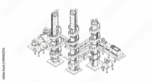 Industrial equipment with three large vertical screw conveyors and machinery, isometric line drawing.