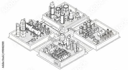 Industrial complex with multiple processing units and storage tanks, presented in a clean line art isometric view.