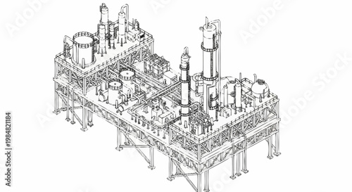Detailed isometric line drawing of a complex industrial chemical processing plant with multiple towers and structures.