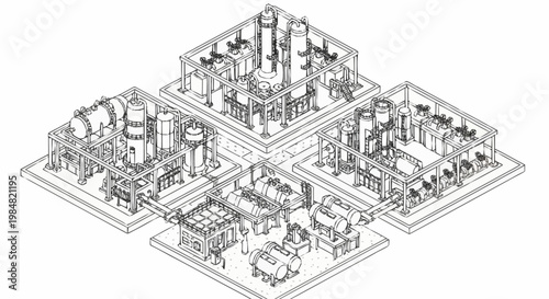 Isometric line drawing of a complex industrial plant with multiple interconnected processing units and tanks.