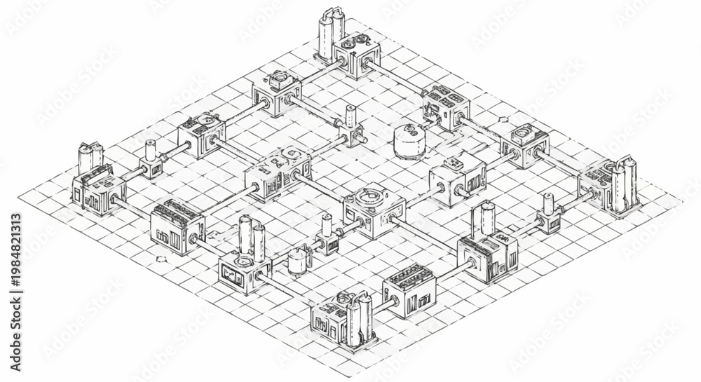 Obraz premium Isometric view of a complex industrial factory layout with interconnected buildings and machinery on a grid.