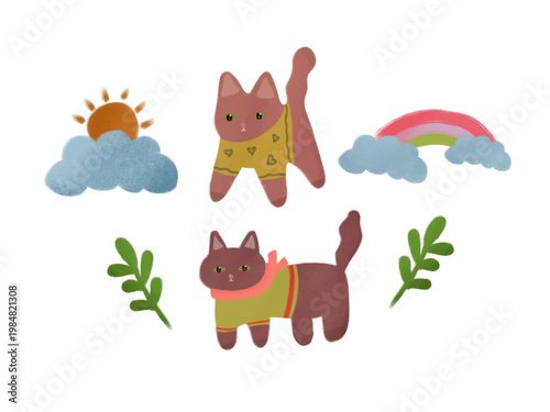 A charming and whimsical digital illustration featuring two adorable cats dressed in cozy sweaters, accompanied by nature-themed elements like a rainbow, clouds, the sun, and a green leaf. 