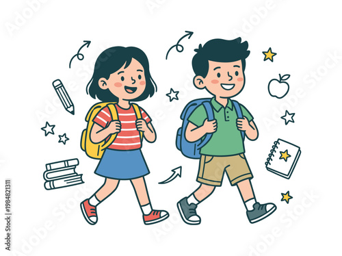 Schoolboy and schoolgirl walking to school, hand-drawn doodle style back to school flat vector illustration