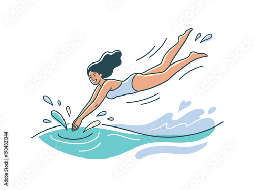 Woman in swimsuit diving into water, modern minimalist summer illustration in hand-drawn style