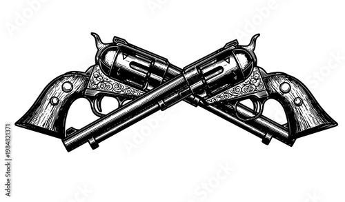 Crossed revolver pistols vintage western engraving cowboy gun vector illustration