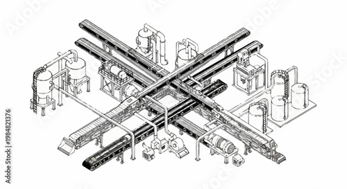 Industrial complex with conveyor belts and processing equipment, isometric view, black and white illustration.